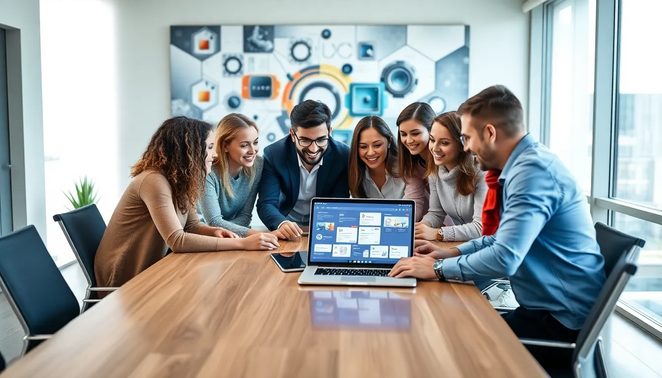 professionals collaborating on a low code development platform in a modern office.