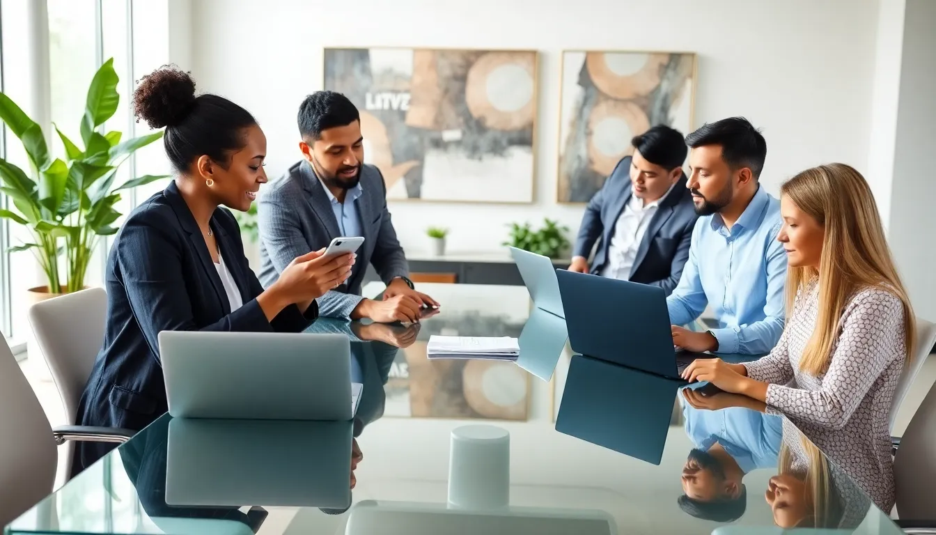 diverse team engaging with mobile apps in a modern office setting.