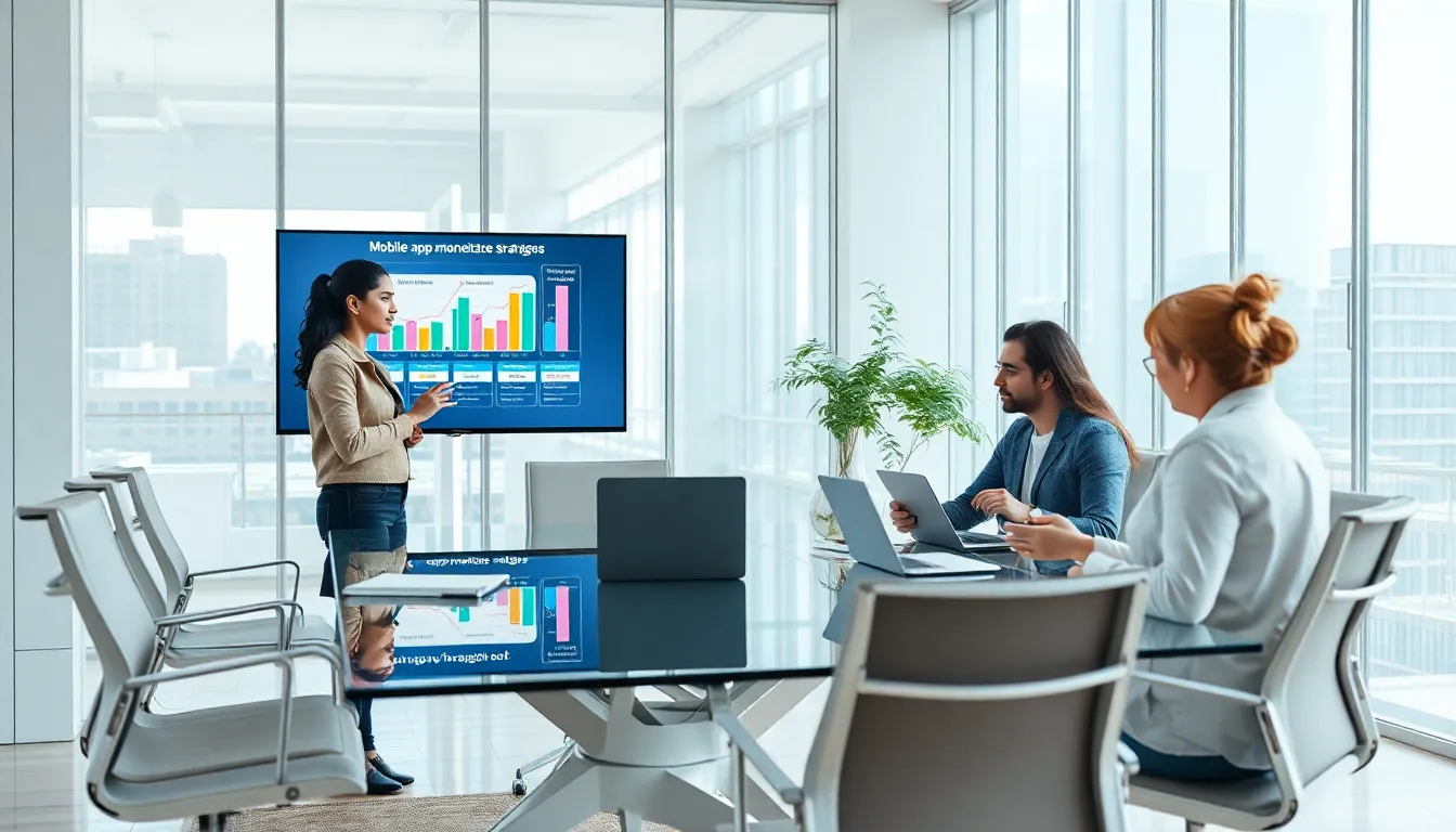 diverse team discussing mobile app monetization strategies in a modern office.