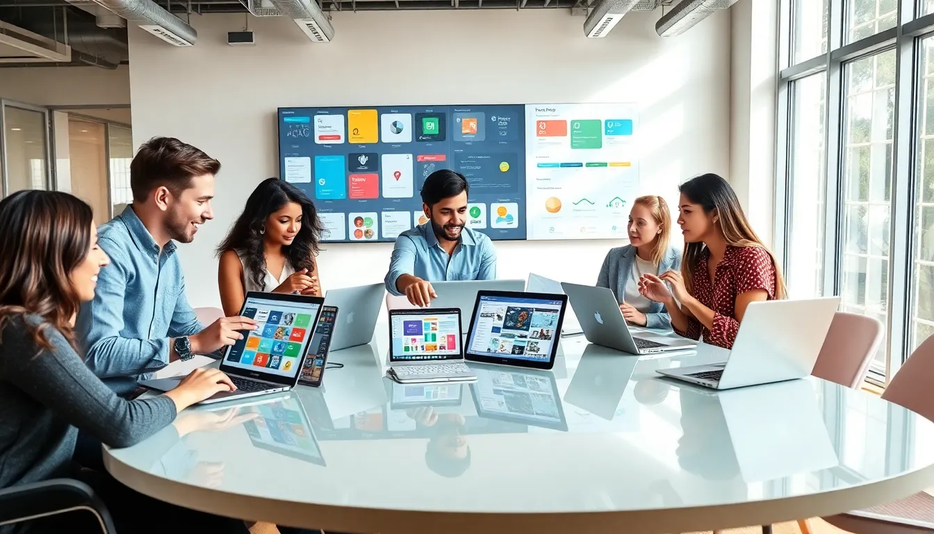 diverse team collaborating on a platform app builder in a modern office.