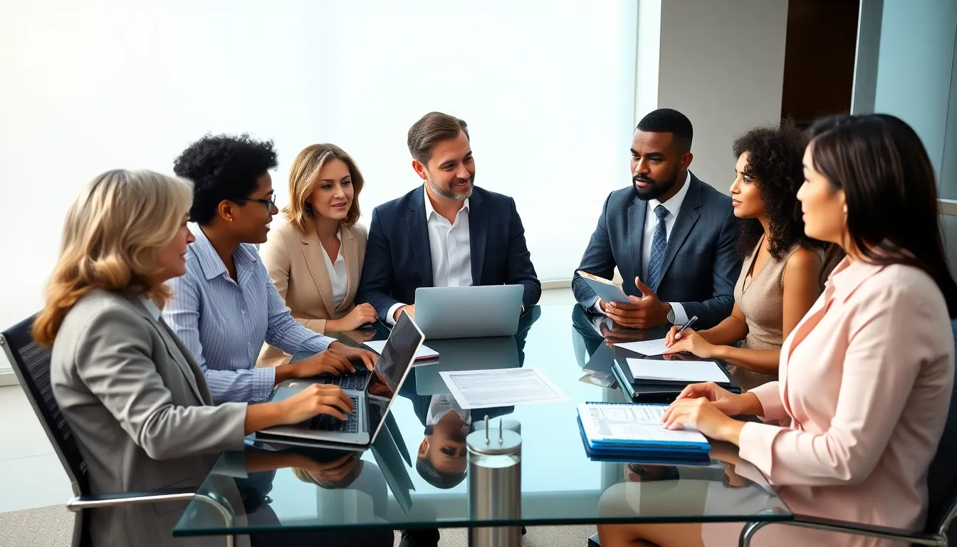 professionals discussing Social Security benefits in a modern office.