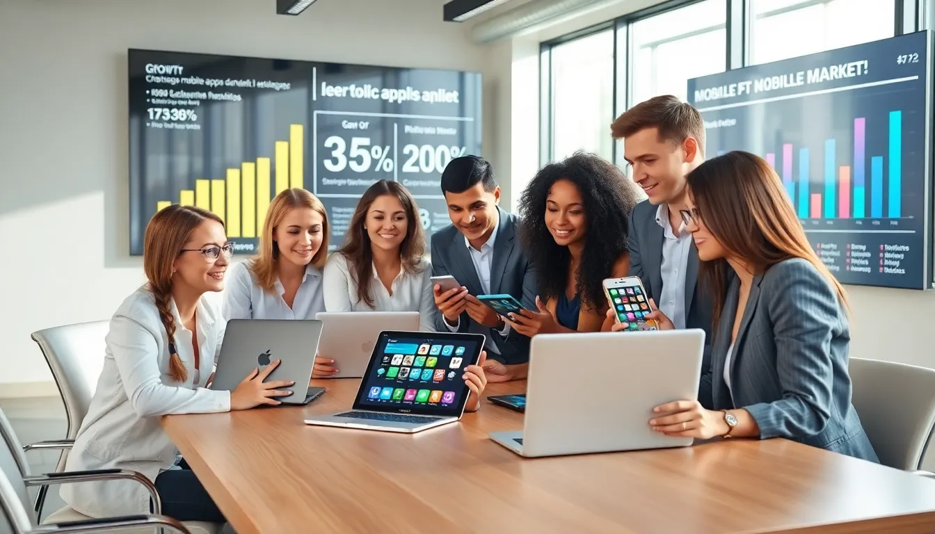 diverse team discussing mobile app strategies in a modern office.