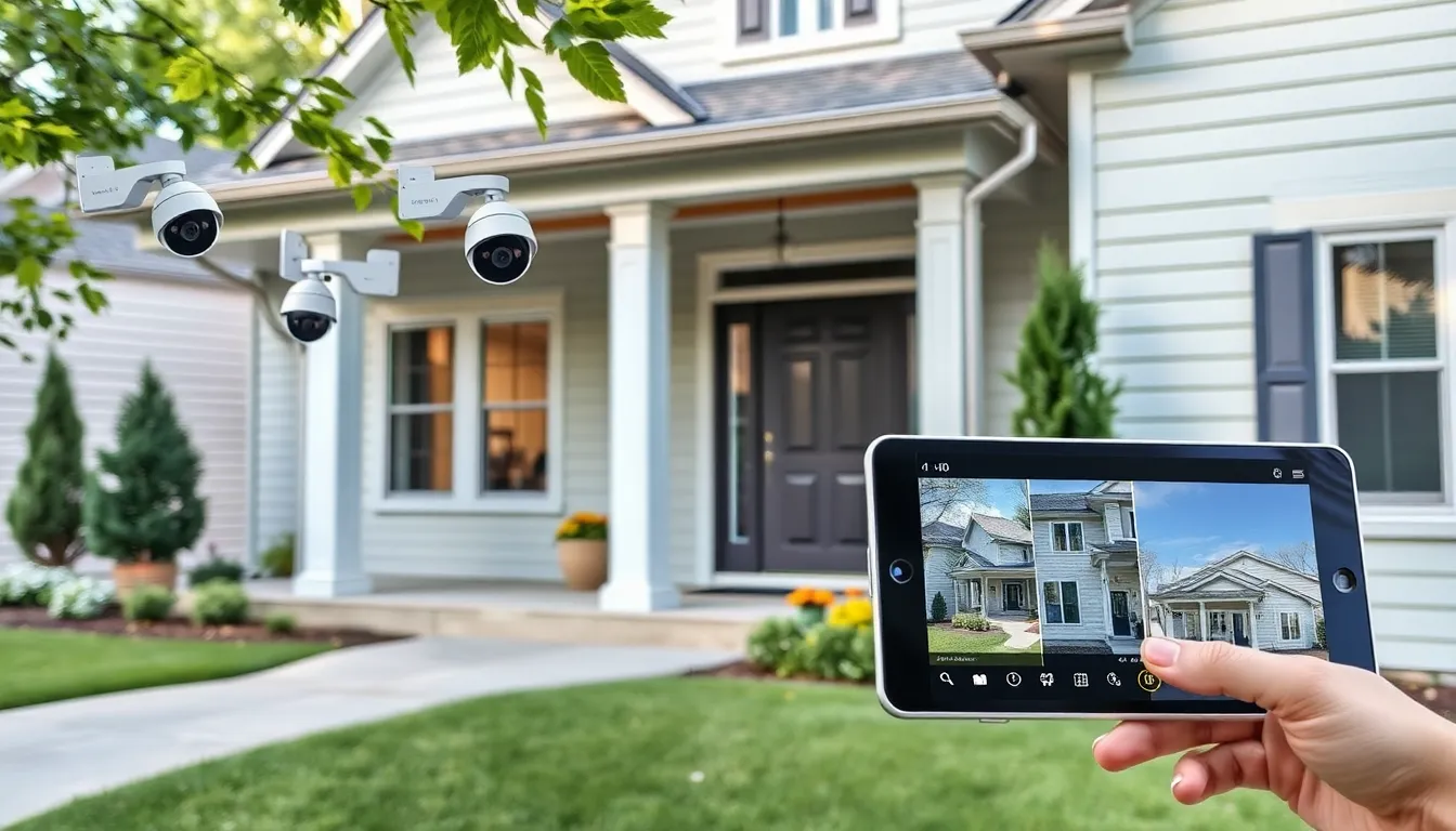 wired outdoor security camera system monitoring a suburban home.