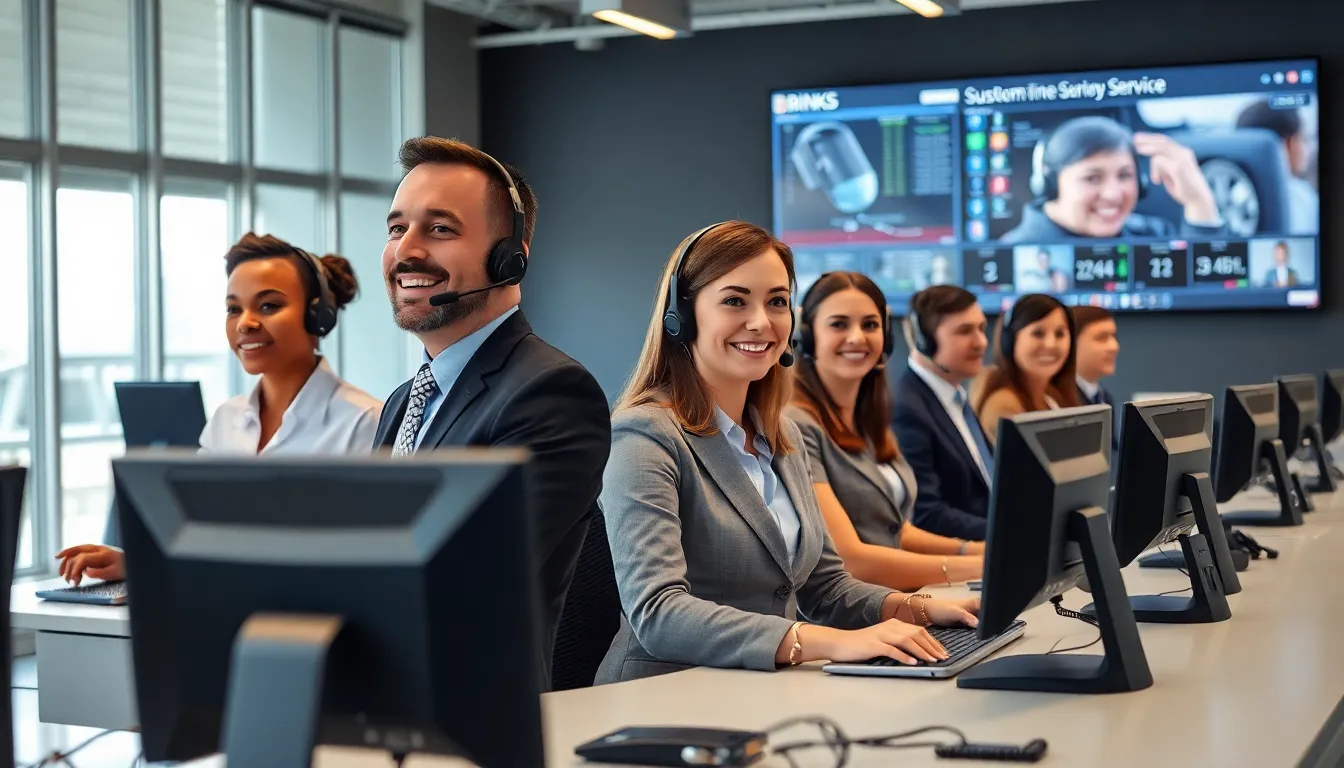 Brinks Security customer service team assisting clients in a modern office.