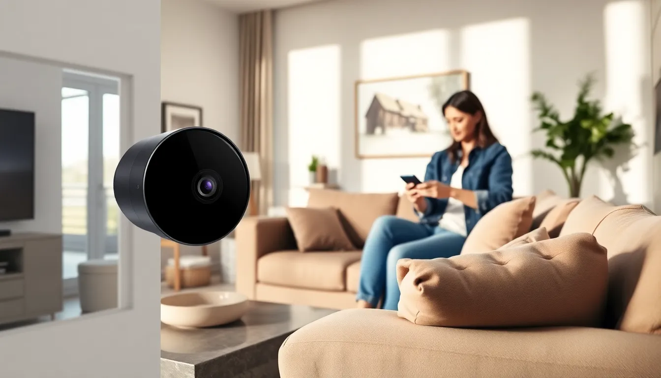 An ADT security camera in a modern American living room.