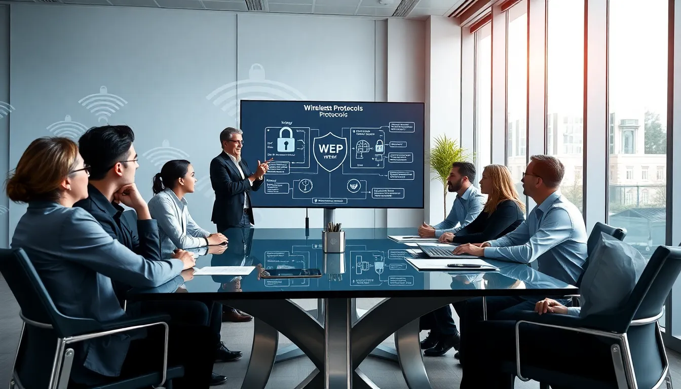 IT professionals discussing wireless security protocols in a modern office.