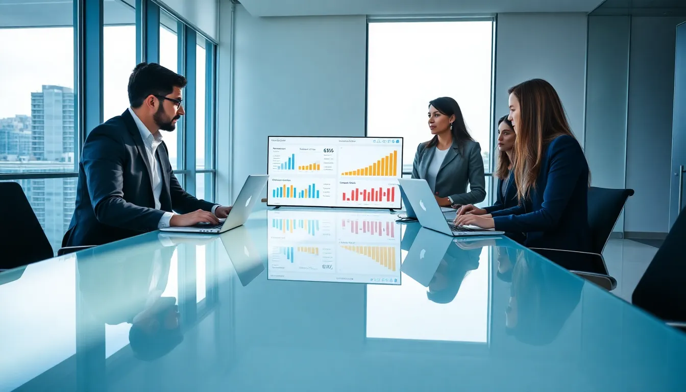 diverse team analyzing mobile app analytics in a modern office.