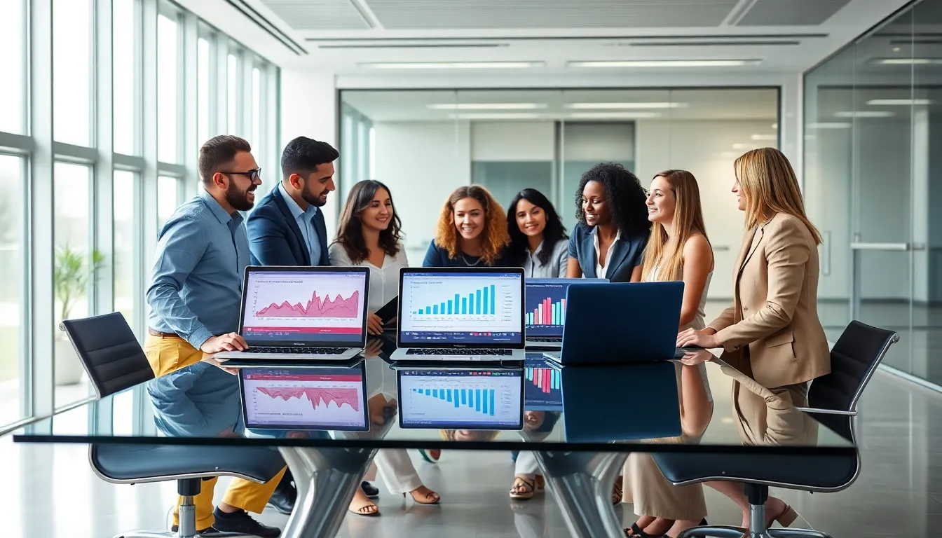 diverse team collaborating on technology-related projects in a modern office.